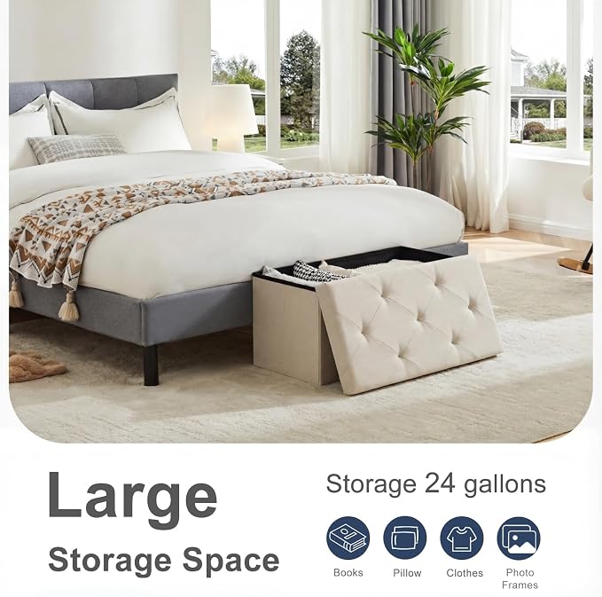 DUMOS 30in Storage Ottoman Bench, Foot Rest Stool Load 350Lbs,Storage Chest with Padded Seat, End of Bed Bedroom Bench for Living Room,Bedroom, Entryway Beige