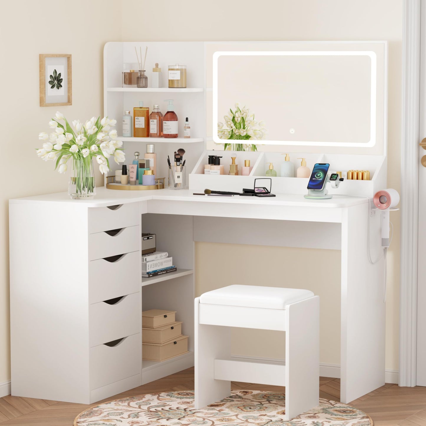 YESHOMY Vanity Desk with Lights and Mirror, L Shaped Makeup Table, Dresser with Hairdryer Holder and Power Outlet, Adjustable 3 Lighting Modes, 5 Drawers and Adjustabled Open Storage Shelves, White