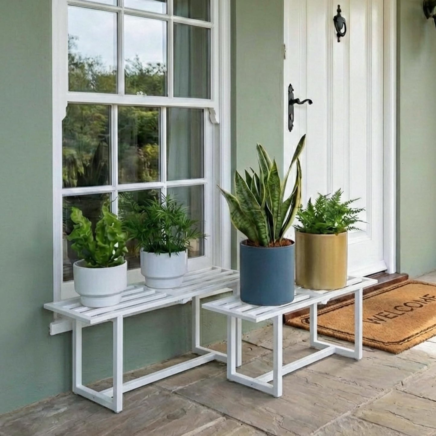 Rioneta 2-Pack Elegant Mid-Century Modern Metal Tiered Plant Stand Robust 330 lbs Capacity Versatile Indoor Outdoor Display for Living Room, Patio & Balcony White