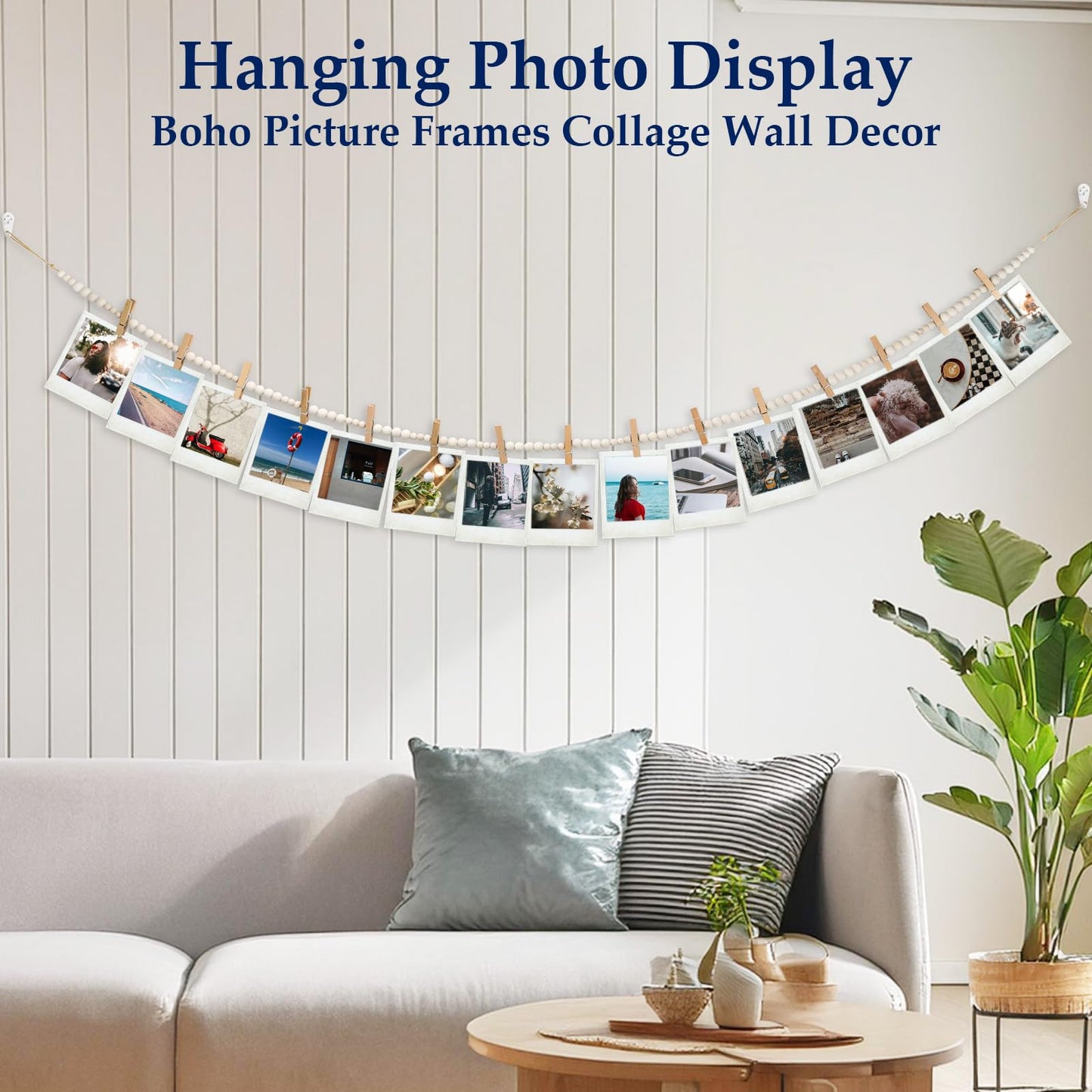 Hanging Photo Display Wall Decor with 45 Wood Clips, YuanDe 67 Inches Boho Wooden Bead Garland Collage Picture Frame Photos String DIY, Photo Hanger for Bedroom Office Dorm Room Decor Gifts(3PCS)