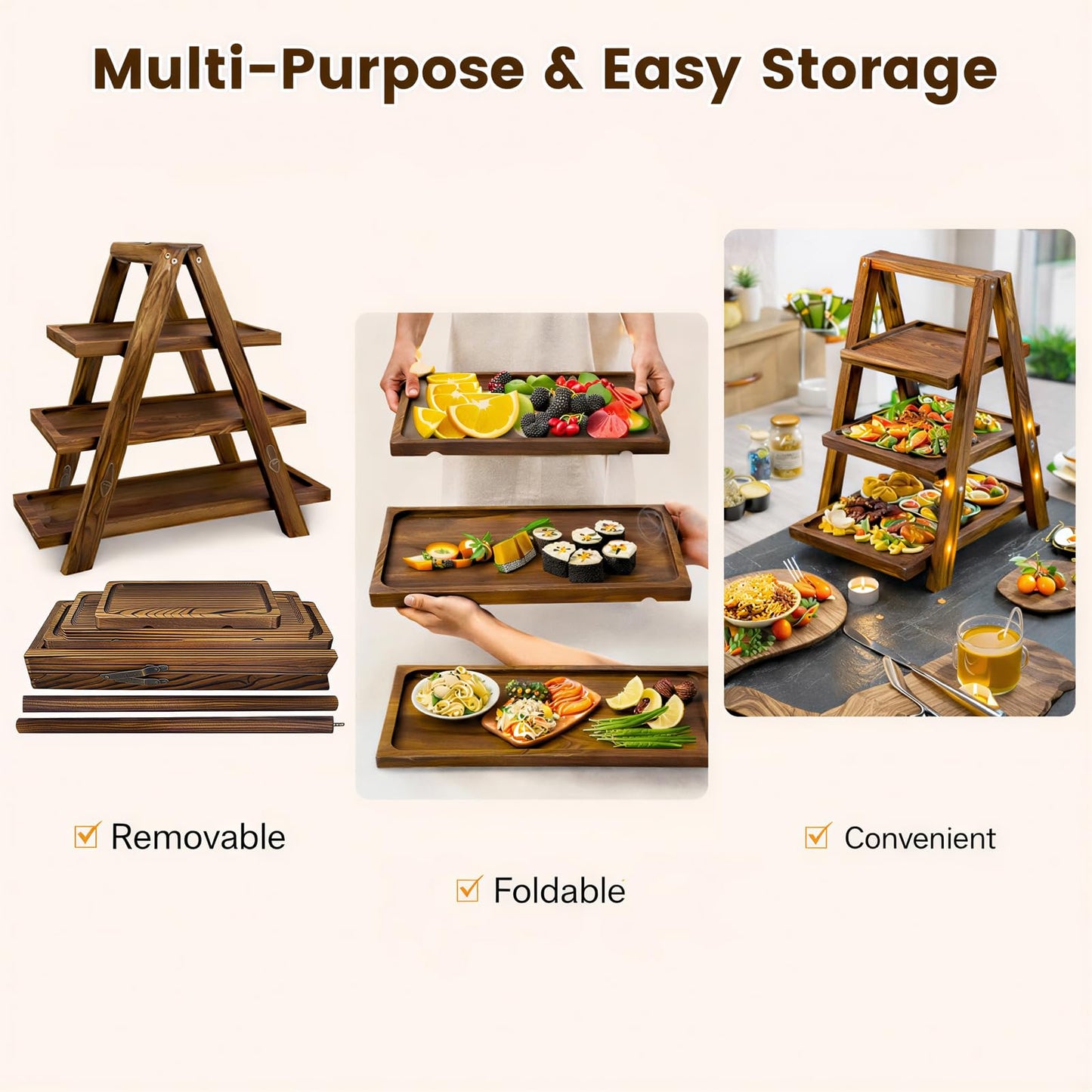 3 Tier Wooden Cupcake Stand with Swing and Flower Decoration, Dark Brown Natural Wood Dessert Swing Display Serving Set with Removable Trays, Rustic Wedding & Party Dessert Stand