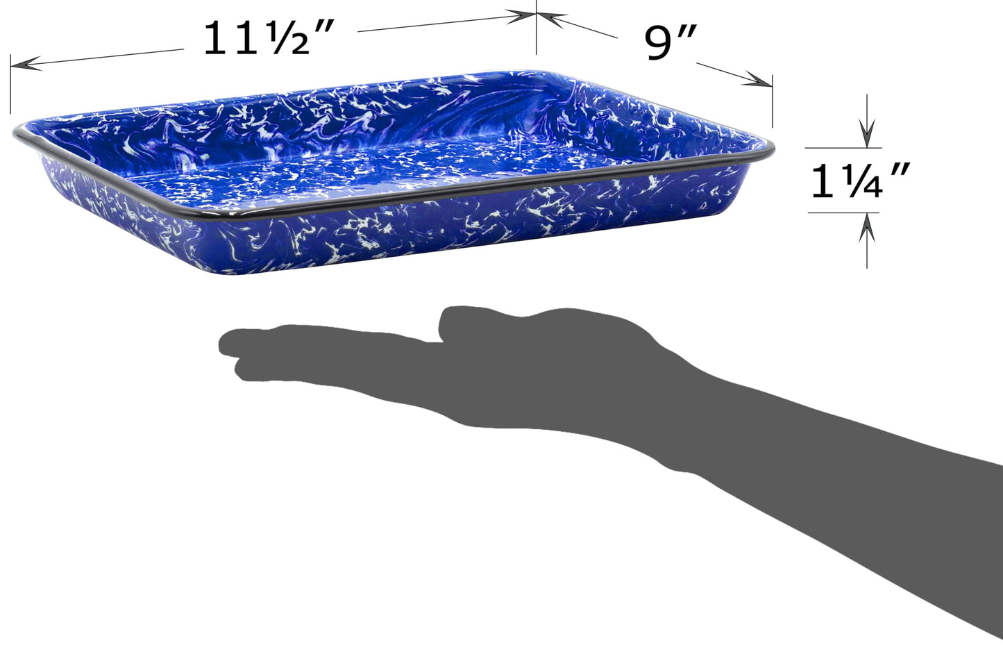 Red Co. 11" x 9" Enamelware Metal Classic 2 Quart Rectangular Serving Tray, Navy Blue Marble/Black Rim - Splatter Design