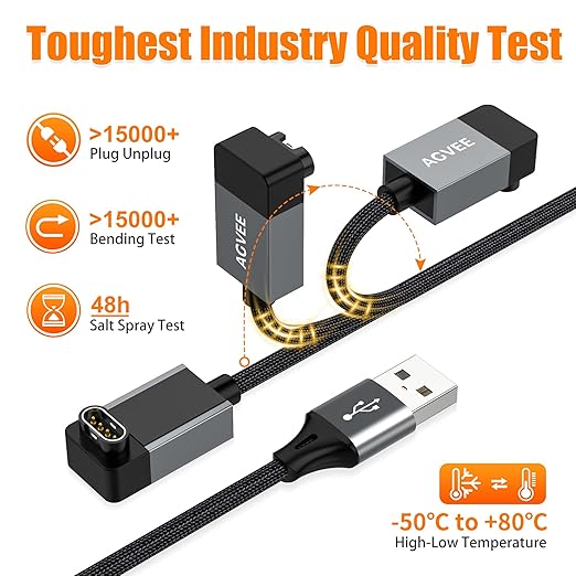 AGVEE 2 Pack 6.6ft Charger for Garmin Watch, L-Shape Zero Gap Charging Cable for Fenix, Forerunner, Vivoactive, Instinct, Venu, Tactix, Approach, D2, Quatix Series, Right Angle Braided, Dark Gray