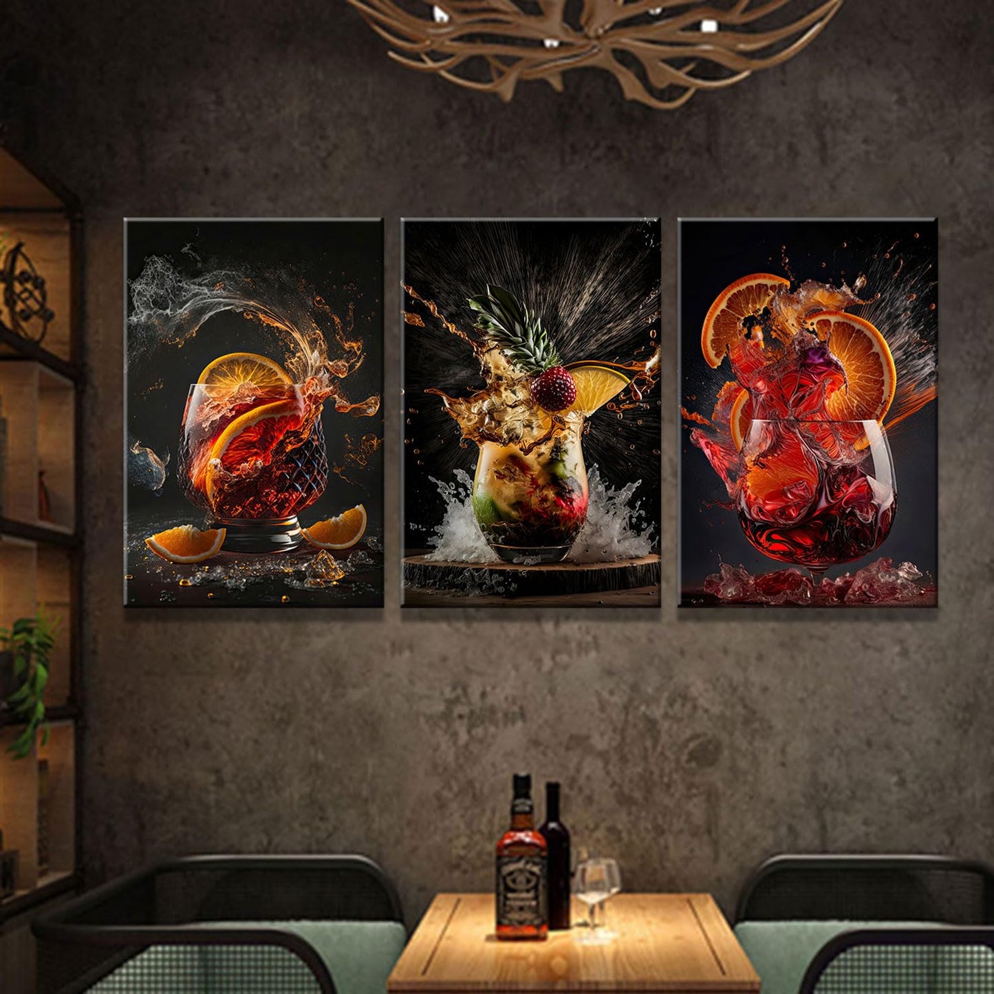 3-Piece Framed Canvas Wall Art Wrapped Canvas Cocktail Drink Posters High-Definition Bar Art Prints, Modern Alcohol Beverage Artwork Liquor Splash Photography Pictures, Unique Bartender Decor for Home Kitchen, Lounge and Bar12X16inch