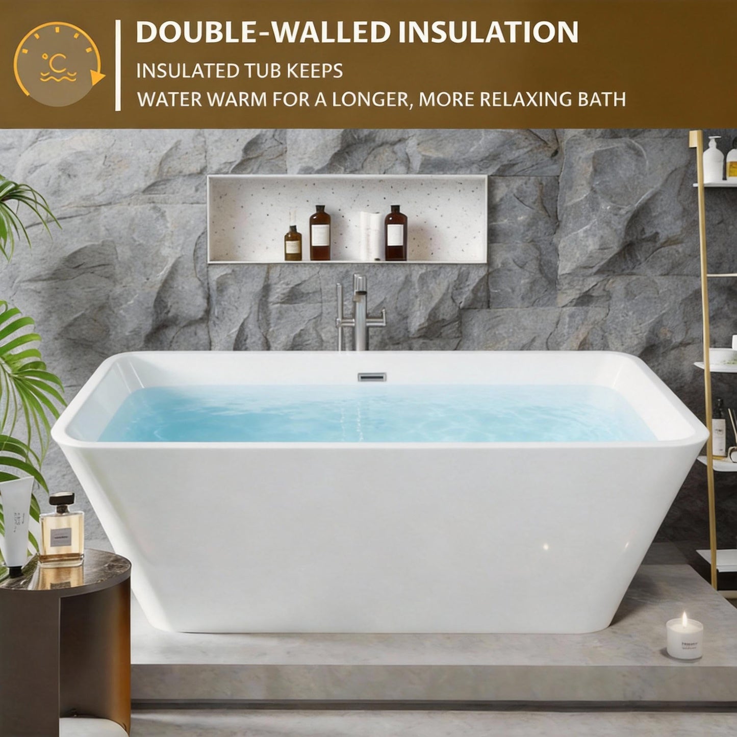 59" Acrylic Freestanding Soaking Bathtub, Matte Drain & Black Overflow, Modern Design Tub for Home Bathroom Renovations, Glossy White