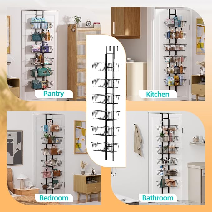 6-Tier Over The Door Pantry Organizer, Metal Hanging Storage Shelf Spice Rack with Adjustable 6 Baskets, Space-Saving Behind Door Organizer for Kitchen, Bathroom, Laundry Room, Black