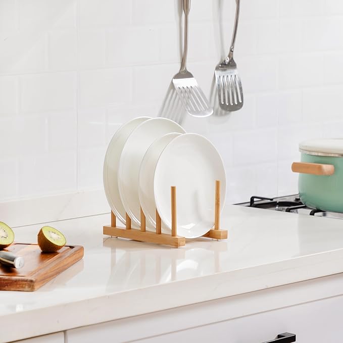 Bamboo Dish Drying Rack for Kitchen Counter and Cabinet, Dish/Book/Plate/Bowl/Cup/Cutting Board/Pot Lid Organizer for Kitchen, Living Room, Study, Display Cabinet (4 Slots)