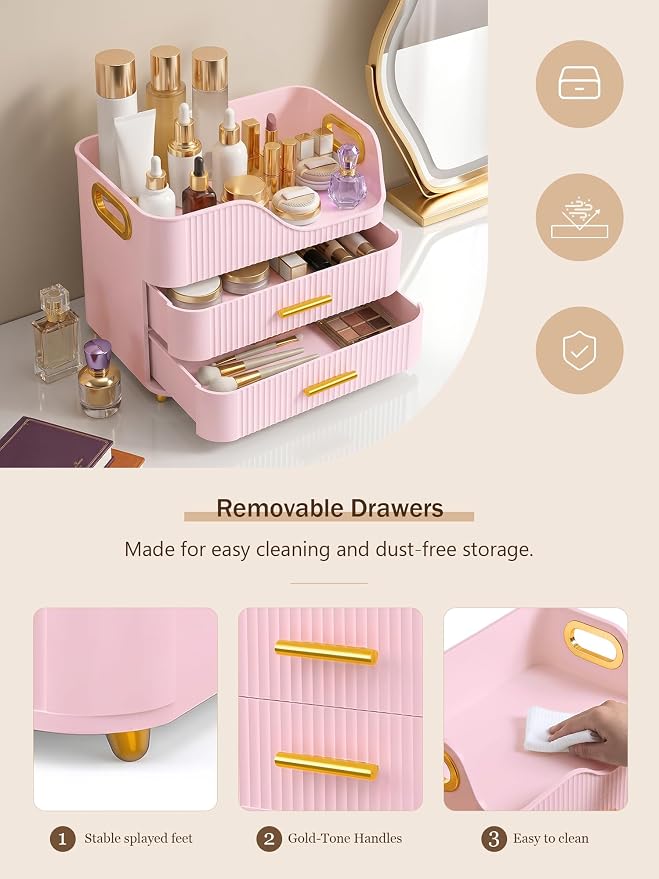 Booklov Countertop Makeup Organizer with Drawers, 3 Tier Large Cosmetic Storage Caddy for Vanity, Bathroom Counter, Dresser, Skincare Display Case for Lipsticks, Beauty Palettes, Teen Girl Gifts, Pink