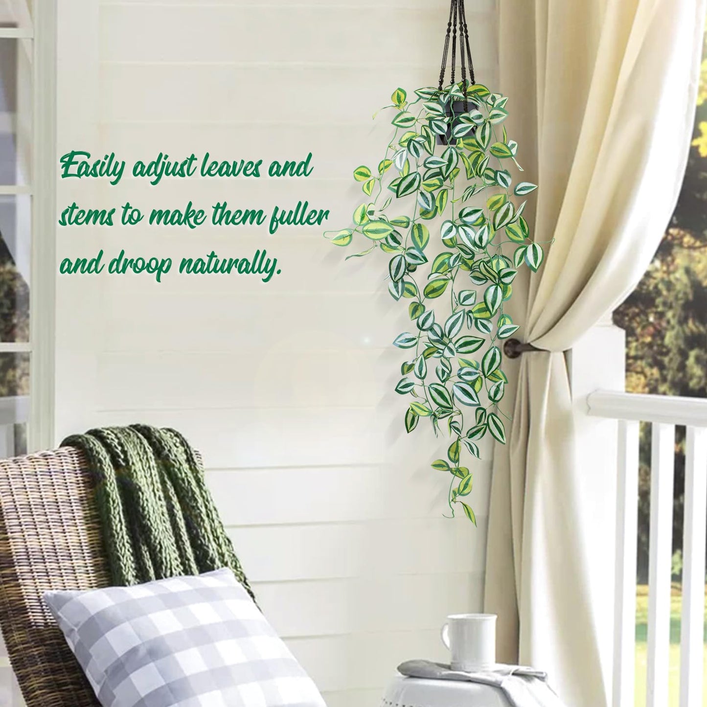 LOYWREE 3 Pack Fake Hanging Plants - Small Potted Plants with Green Eyebrow-Leaf Trailing Vines, Indoor Outdoor Aesthetic Decor for Office, Living Room Shelf & Home Accent (Black Pot)