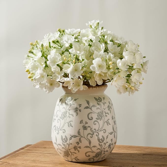 SIDUCAL Ceramic Vintage Pastoral Vase, 7.2 Inch Chinoiserie Floral Vase, Retro Ice Cracked Rustic Farmhouse Vases for Home Decor, Living Room, Bookshelf, Office, Tuscan Decor, Gray Floral