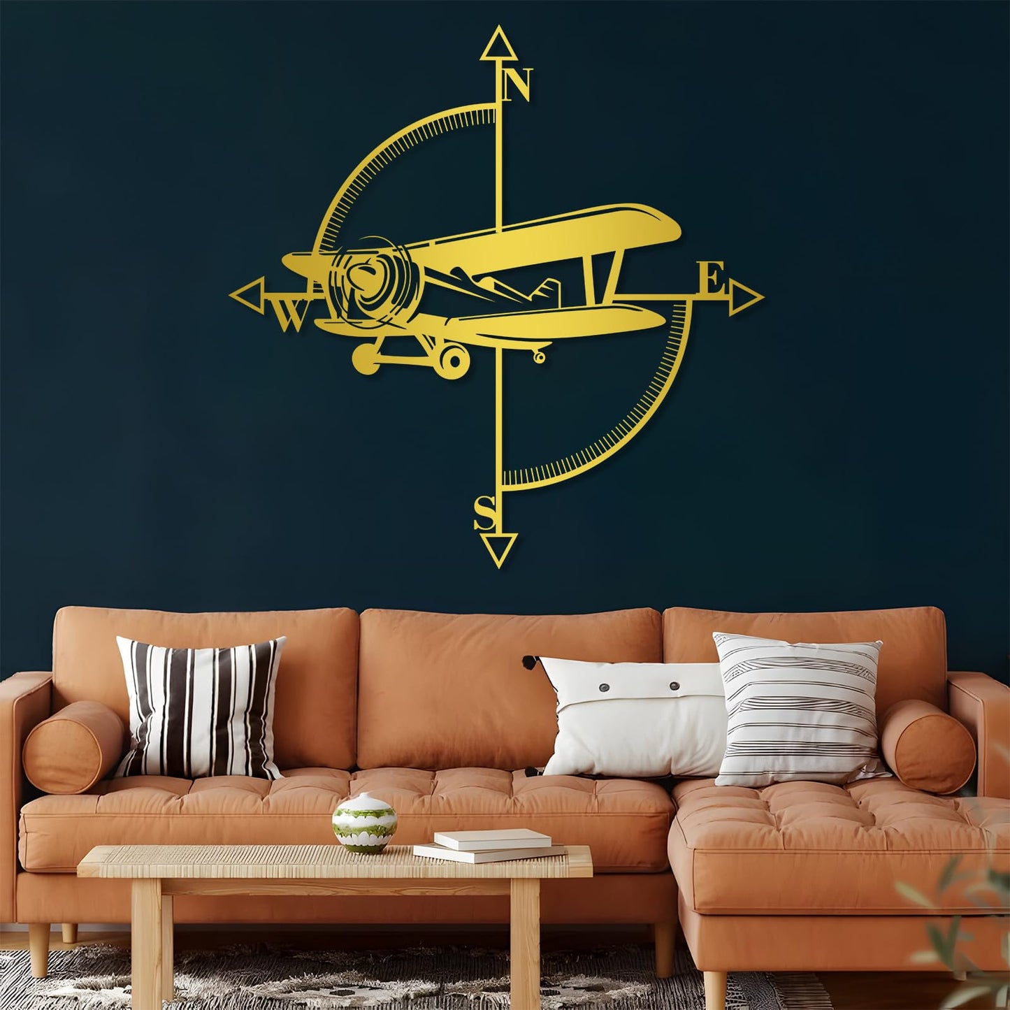 yumcake Metal Airplane Compass Wall Decor, Airplane Metal Wall Art, Aviation Themed Wall Decor for Living Room, Bedroom(Black,35" x 35" / 90 x 90 cm)