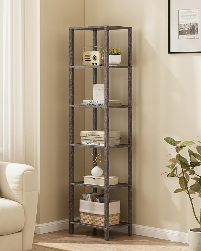 TUTOTAK Bookshelf, 6-Tier Tall Book Shelf, Narrow Bookcase for Small Space, DIY Stackable Bookshelf, for Living Room, Office, Study, Entryway, Industrial, Charcoal Grey BS01BY006