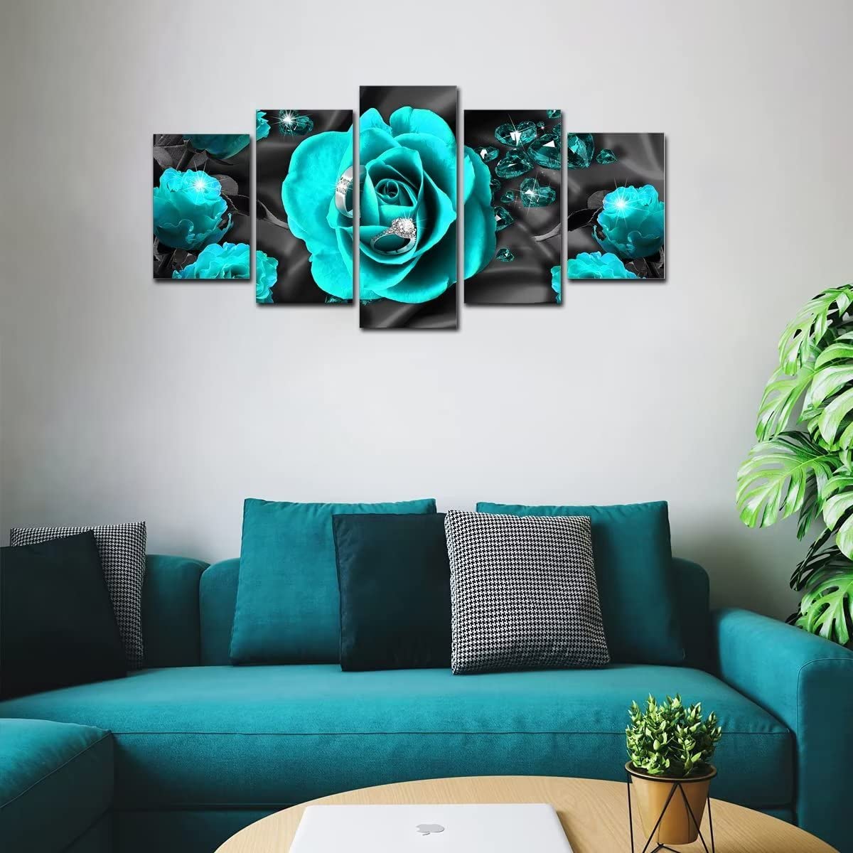 AWLXPHY Decor Teal Rose Wall Art Canvas Painting Framed 5 Panels for Living Room Decoration Modern Blue and Black Rose Stretched Artwork Floral Giclee (Blue, 60"x30")