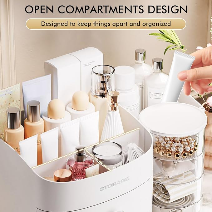 Makeup Organizer Countertop with Drawers, Make up Organizers for Vanity, Skincare Jewelry Earring Organizers, Cosmetic Display Cases Makeup Storage for Bedroom & Bathroom, Ideal Gifts for Women(White)