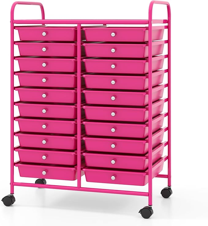 COSTWAY 20-Drawer Rolling Storage Cart, Utility Storage Organizer Cart for Tools, Scrapbook, Paper, Craft, Multipurpose Storage Trolley on Wheels for Home Office School, Hot Pink