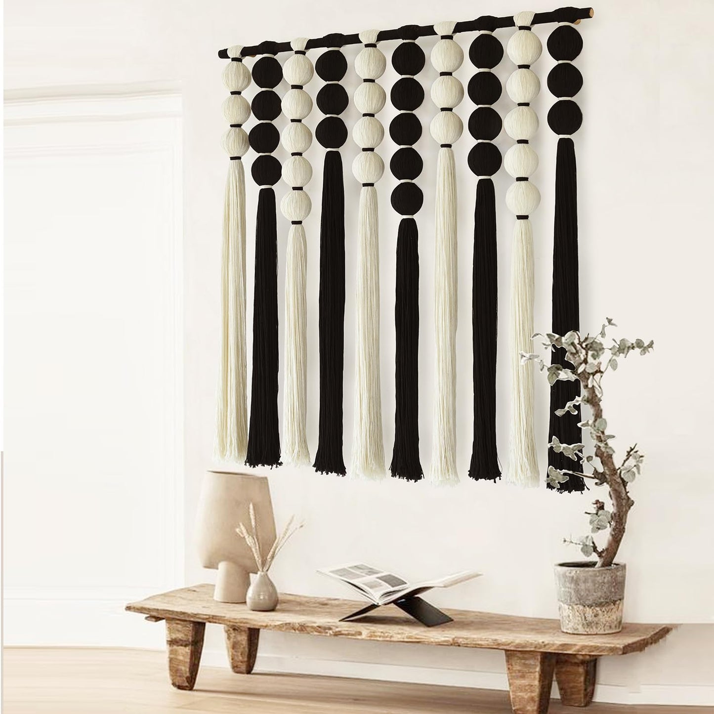 IOWER Large Macrame Wall Hanging Macrame Wall Decor Black and White Sphericity Cotton Textile Wall Hanging Boho Wall Decor Art Fiber Yarn Art Handmade 39" Wx39 L