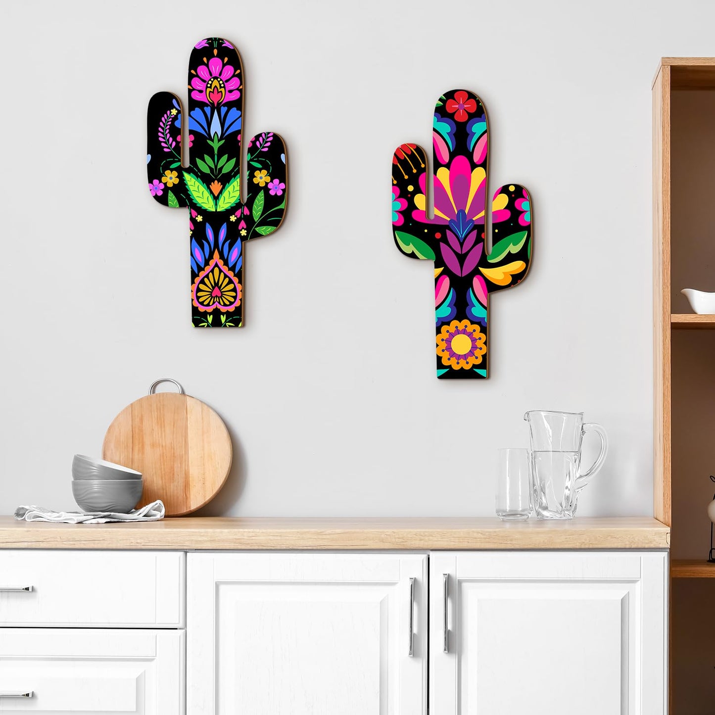 Yousoontic 2 Pcs Wood Cactus Wall Art Mexican Talavera Wall Decor 7.48 x 15.75 Inch Fiesta Party Decorations for Home Outdoor Living Room Bedroom