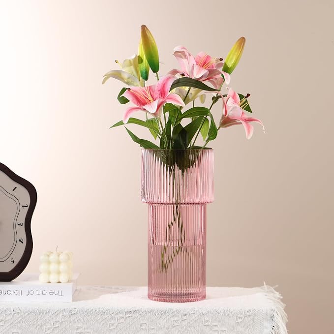 Large Pink Glass Vase, 12 Inches Tall Fluted Vase for Flowers, Modern Torch-Shaped Flower Vase with Ribbed Texture for Living Room, Dining Table, Office, Entryway, Mantle, Shelf, Wedding Gifts