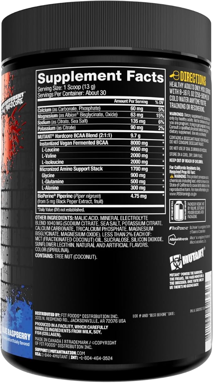 Mutant Hardcore BCAA - Pre, Intra or Post Workout ??BCAA Next Level branched-Chain Amino Acids Supplement ??Hydration + Recovery - 30 Serving - Blue Raspberry