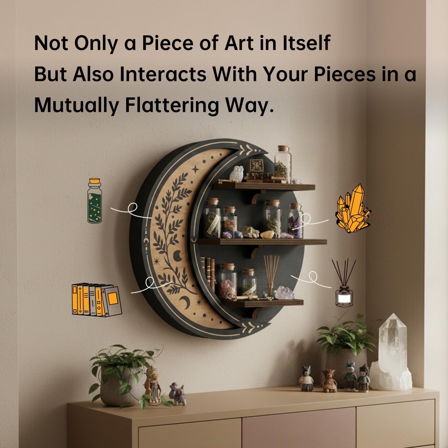 FNYDOX Wall Shelves for Bedroom, Crescent Moon Shelf with LED Light, Witchy Whimsical Celestial Room Decor Aesthetic, Wooden Floating Shelf for Trinket Knick Knack Crystal Rock Gem Essential Oils