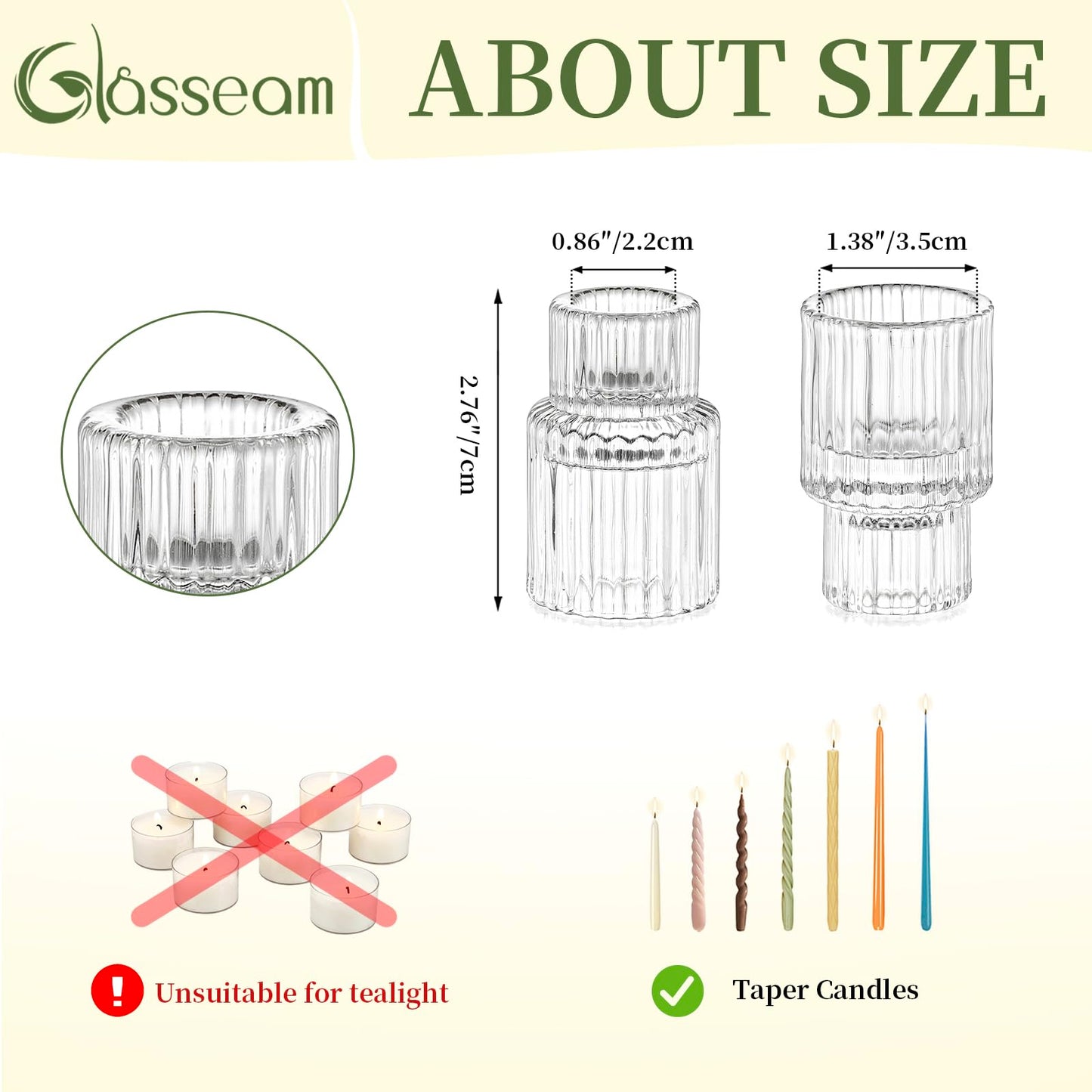 Glasseam Small Candle Stick Holder: Crystal Clear Glass Candle Holder Set of 10, Modern Taper Candle Holders for Table Centerpiece, Ribbed Tapered Candlestick Holders for Dining Room Decoration