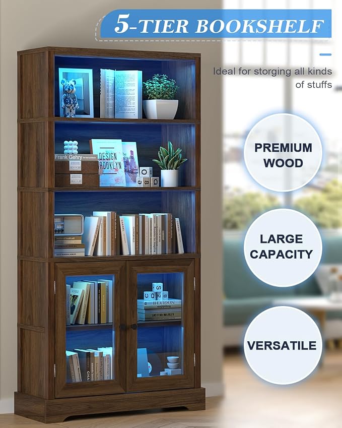 TVU 5-Tier Bookshelf, 65" Bookshelf with Multi-Color Ambient Lights (APP Remote Control), Tall Display Shelf with Cabinet Doors, Suitable for Living Room, Bedroom, Study, Office, Rustic Brown