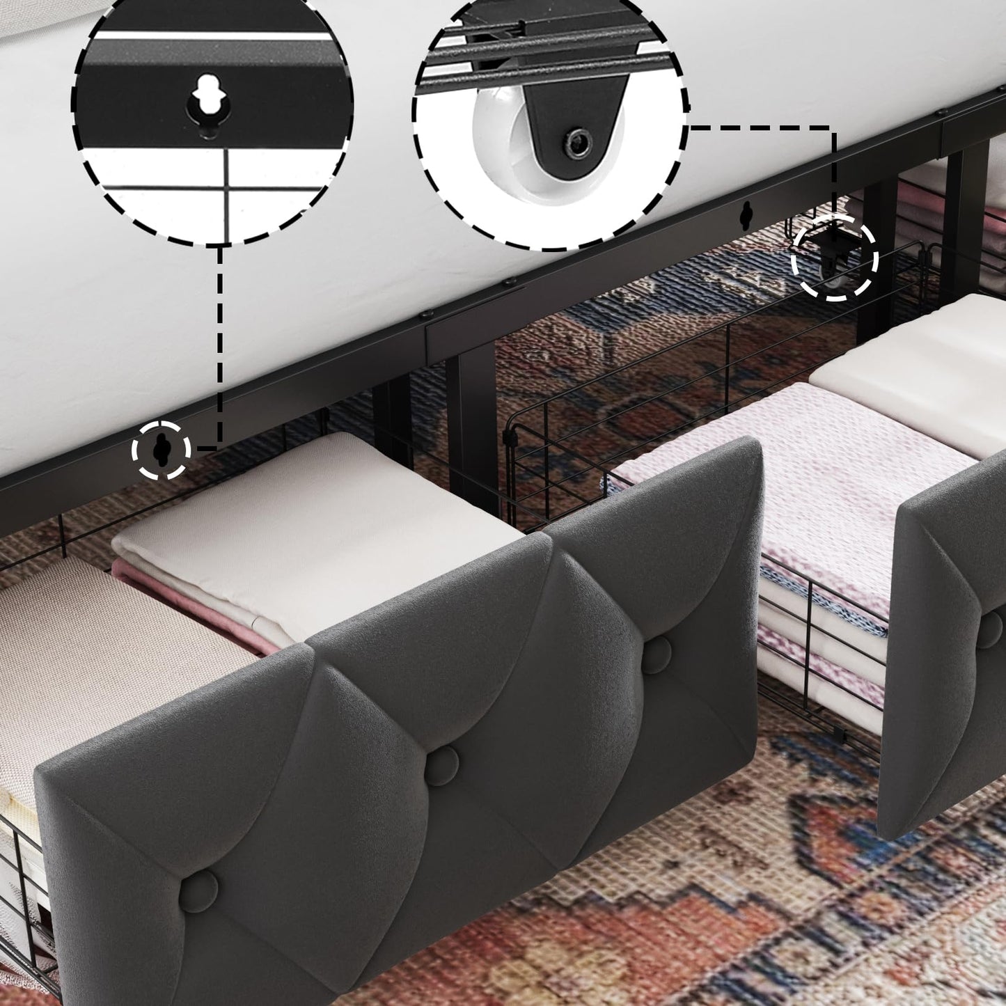 Keyluv Queen Upholstered Canopy Bed Frame with 2 Storage Drawers & Button Tufted Headboard, Metal Platform Bed with 4 Removable Posts, Two-Purpose Velvet Bed, Dark Grey/Curtain Not Included