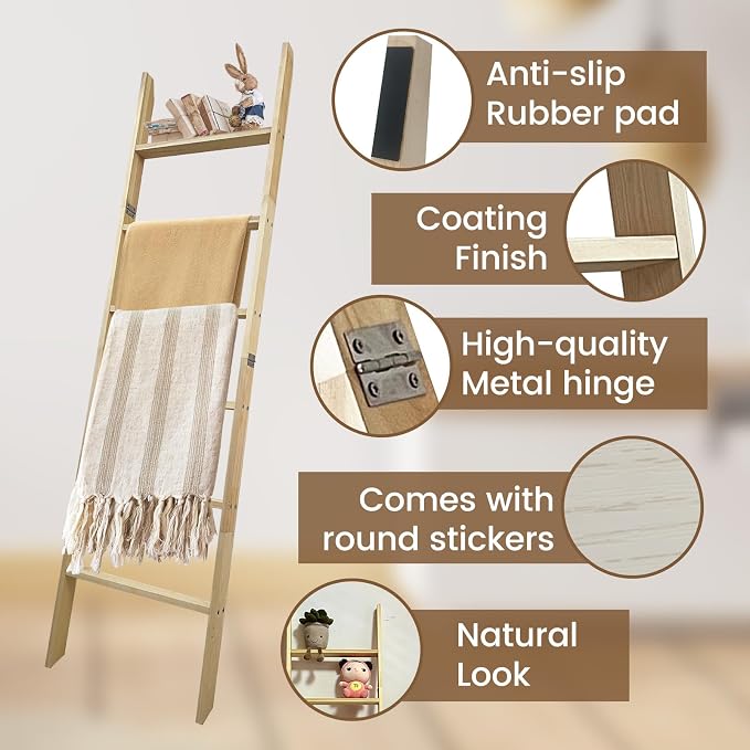 6-Tier Blanket Ladder – 5.5 Ft Wall Leaning Quilt Rack, Farmhouse Blanket Storage for Living Room, Bedroom & Bathroom – Rustic Decorative Wooden Towel & Quilt Holder, Easy to Assemble