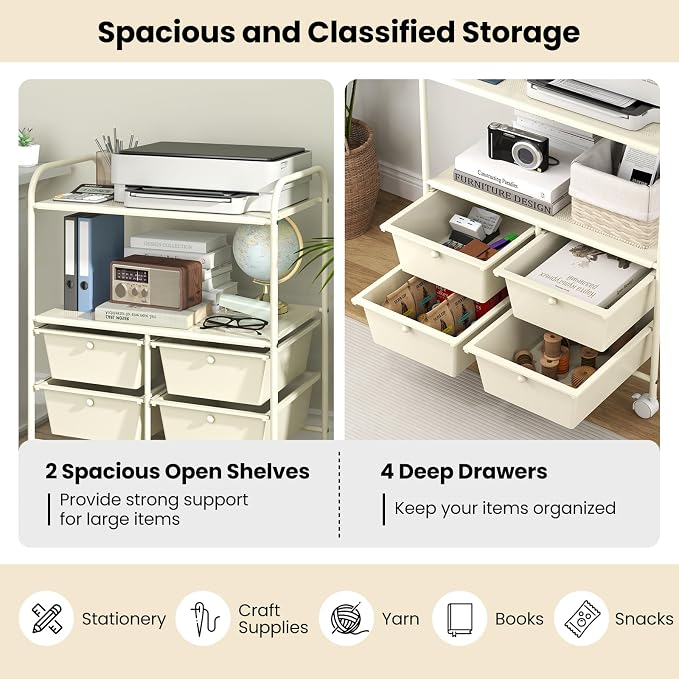 Giantex Rolling Storage Cart w/ 4 Drawers 2 Shelves Metal Rack Shelf Home Office School Beauty Salon Utility Organizer Cart with Wheels, Ivory