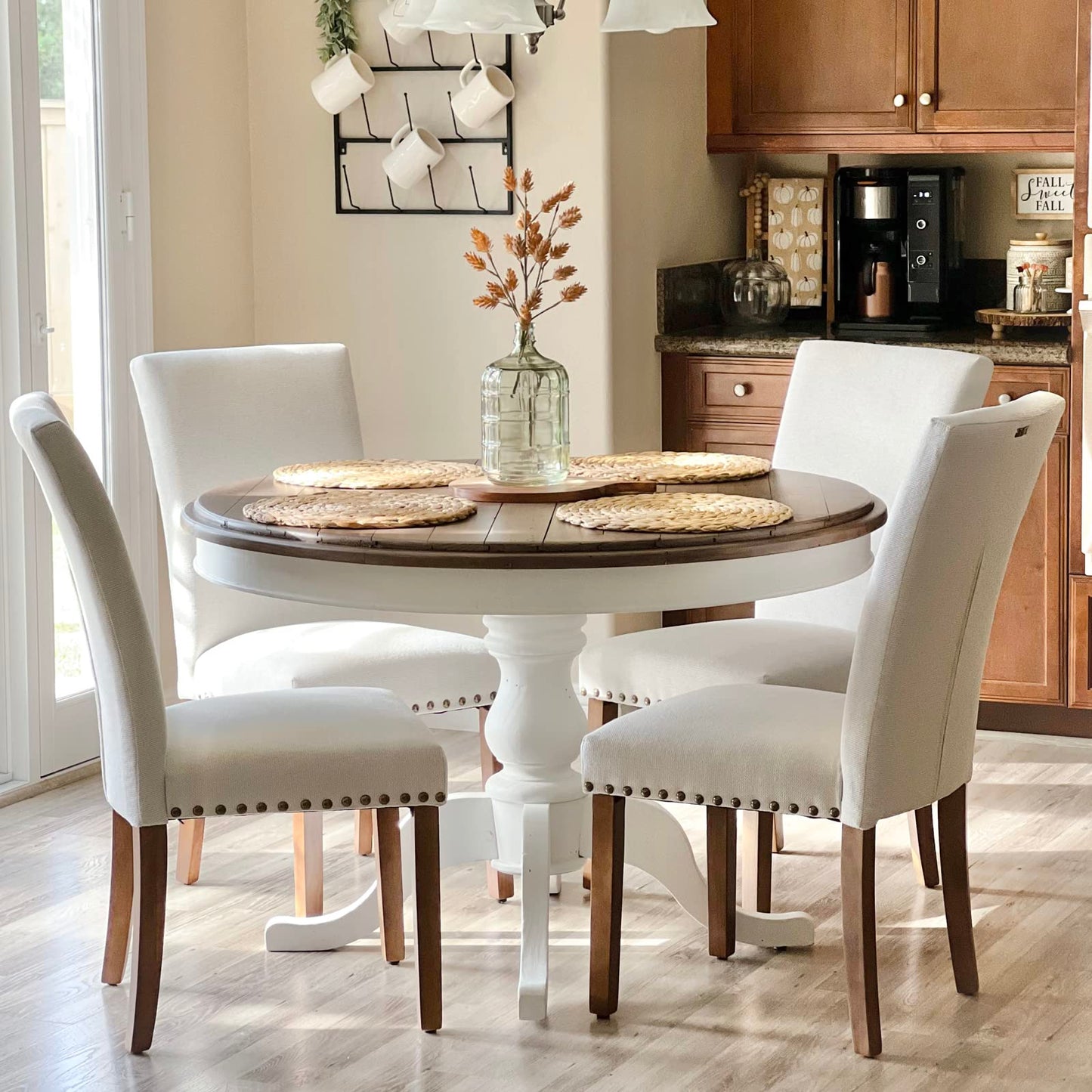 COLAMY Upholstered Fabric Dining Chairs Set of 6, High Back Padded Chairs with Nailed Trim & Solid Wood Legs, Classic Parsons Chairs Side Chair for Home/Kitchen/Living Room-Beige