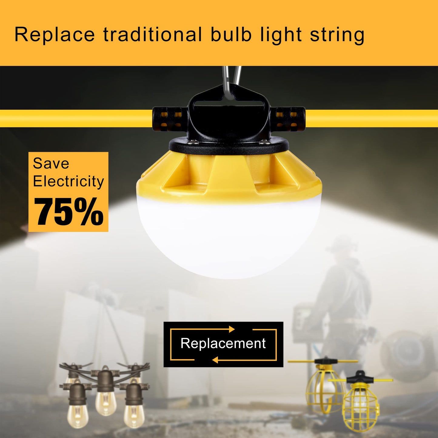 G GJIA 100FT Construction String Lights, IP65 Waterproof ETL Certified LED String Work Lights, 5000K Daylight 18AWG Wire Linkable Temporary Construction Lighting for Jobsite with 10 Bulbs & Hooks