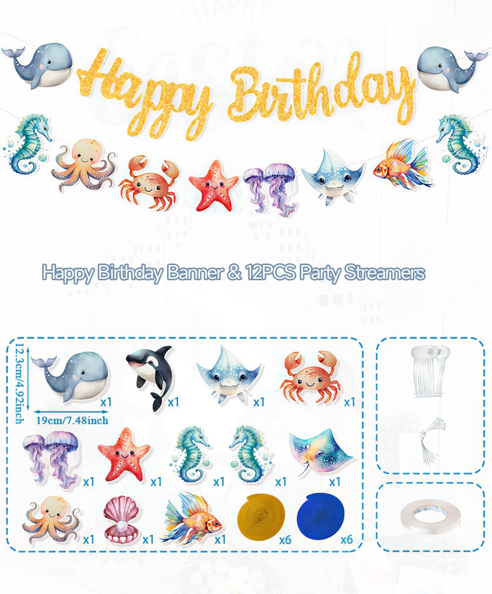 Sea Animals Hanging Swirl Ceiling Streamers Decorations, Under Sea Happy Birthday Banner Sign Party Decoration for Kids Baby Shower Ocean Sea Party Supplies Room Decor