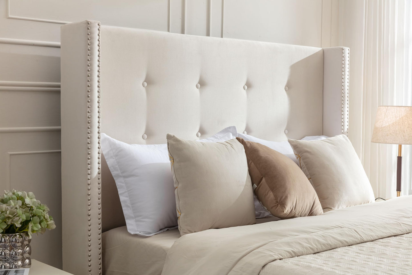 GDFStudio Tall Headboard Upholstered Bed,Queen Size Platform Bed Frame with Headboard Nailhead Trim Wingback,54" High No Box Spring Needed Easy Assembly Traditional Hand Buttoned Tufting Ivory Velvet