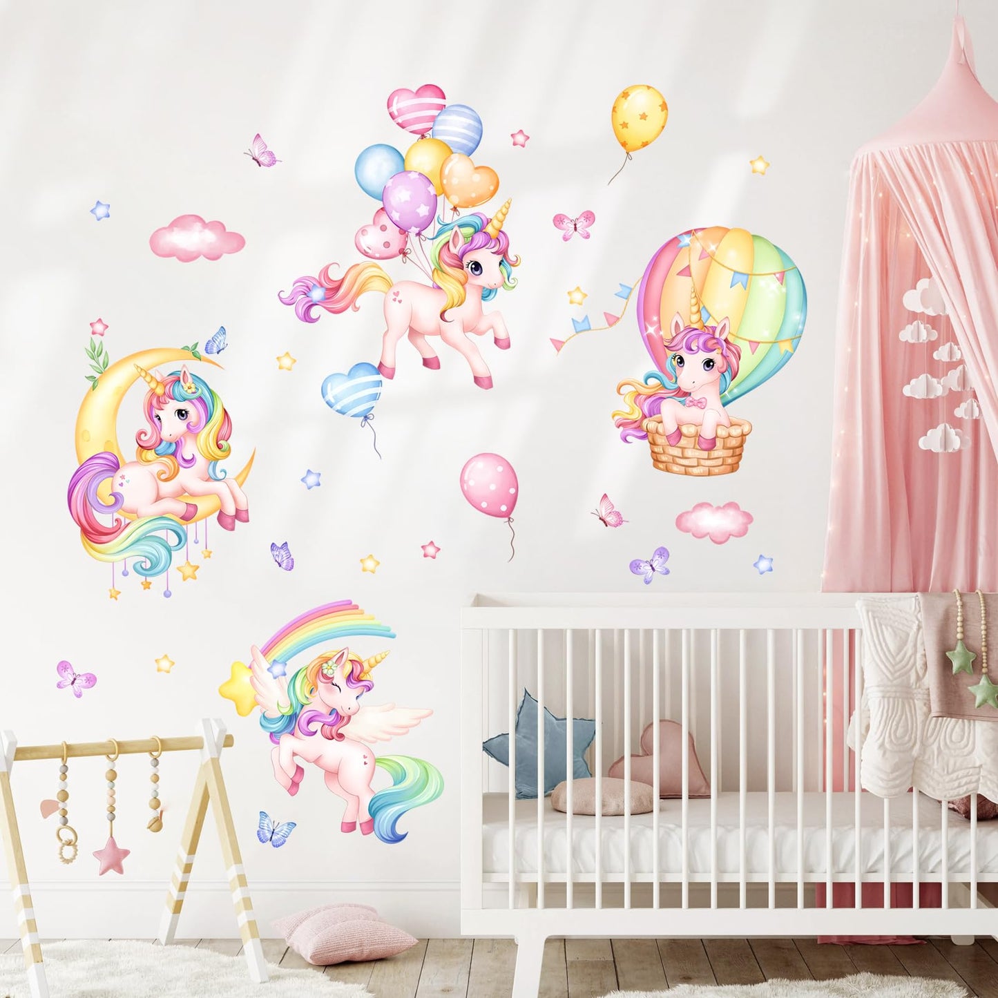 Unicorn Rainbow Wall Decals Hot Air Balloon Moon Clouds Stars Wall Stickers Baby Nursery Girls Bedroom Kids Room Wall Decor