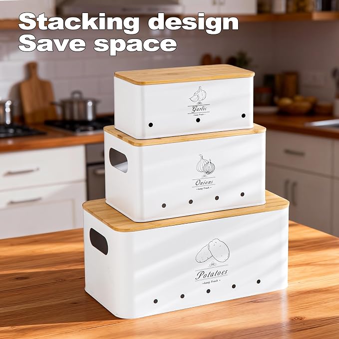 Metal Potato Onion and Garlic Storage Tin Set of 3, White Kitchen Vegetable Canisters with Bamboo Lid and Aerating Holes, Stackable Kitchen Keeper Storage for Countertop Pantry