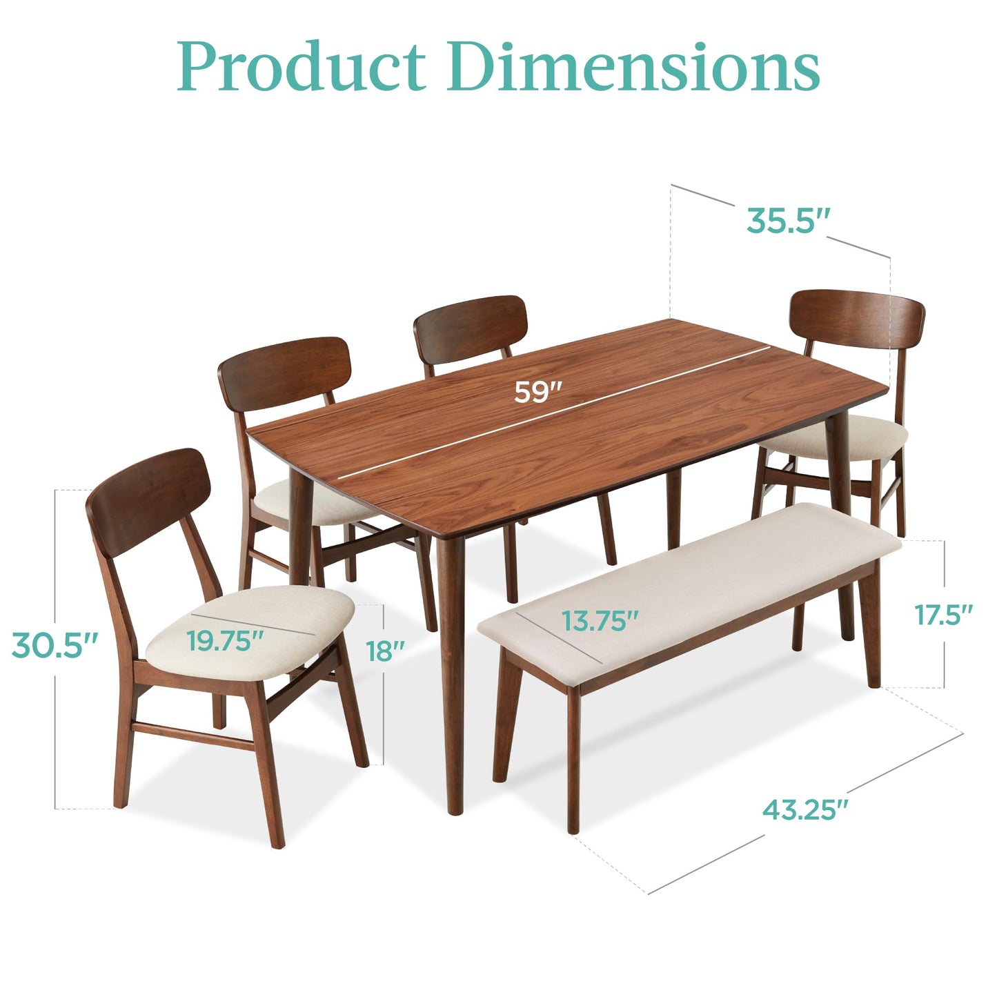 Best Choice Products 6-Piece Wooden Dining Set, Mid-Century Modern Table & Upholstered Chair Set w/Bench Seat, Rubberwood Legs - Walnut/Cream