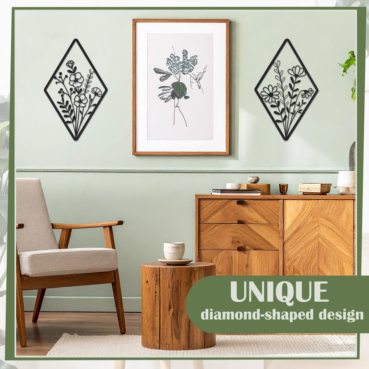 PullCrease 2 Pcs Metal Wall Art, Metal Flower Wall Decor, Modern Floral Art for Living Room, Bedroom, Bathroom, Rustic Farmhouse Decor, Sculpture Kitchen Decoration (Black)