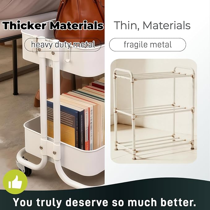 2 Tier Under Desk Storage Cart with Wheels Heavy Duty Metal Short Rolling Pantry Storage Cart for Small Space, Utility Trolley for Kitchen Bathroom Laundry Cute Snack Craft Organizer, White