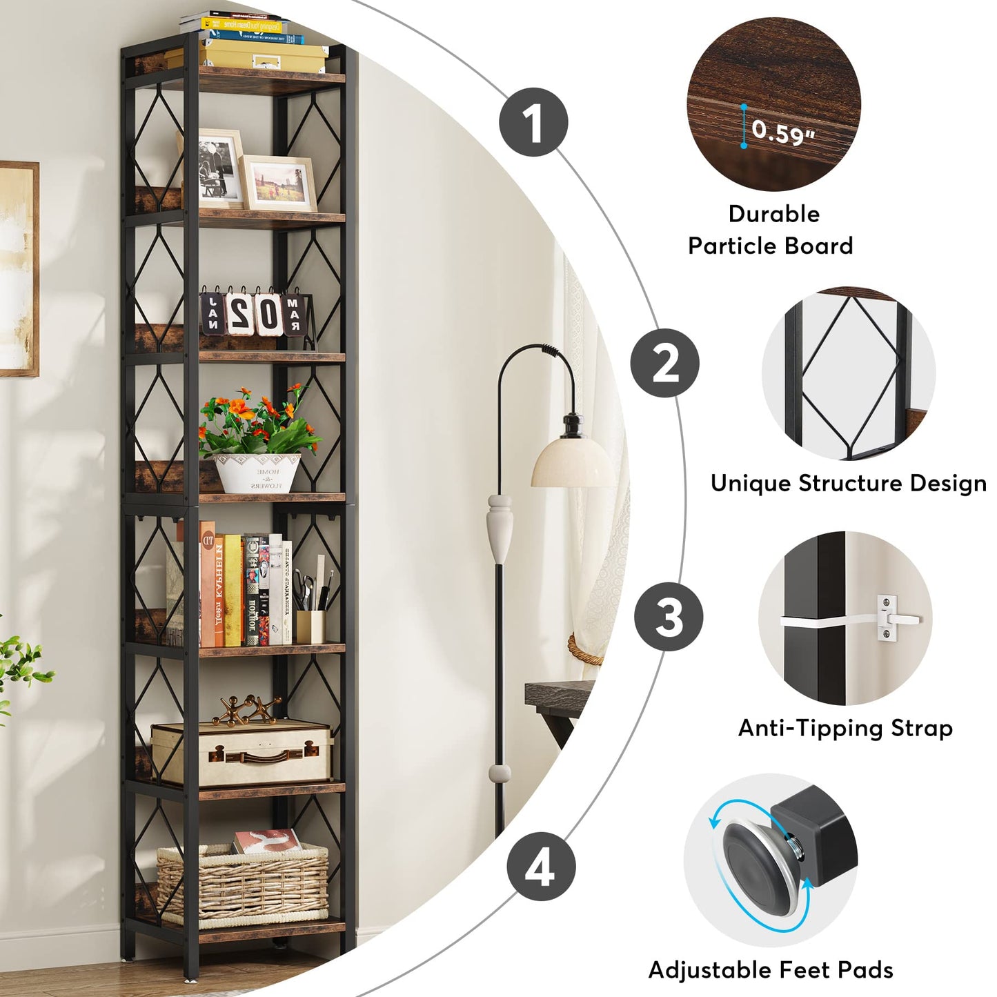 Tribesigns 78.7 Inch Extra Tall Narrow Bookshelf, 7 Tier Skinny Bookcase for Small Spaces, Freestanding Display Shelves, Multifunctional Corner Storage Organizer for Home Office, Rustic Brown