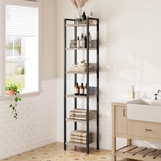 MAHANCRIS Bookshelf, 6-Tier Bookcase, Standing Book Shelf for Small Space, Storage Shelf Organizer, for Living Room, Bedroom, Study, Balcony, Greige and Black BKHG6601