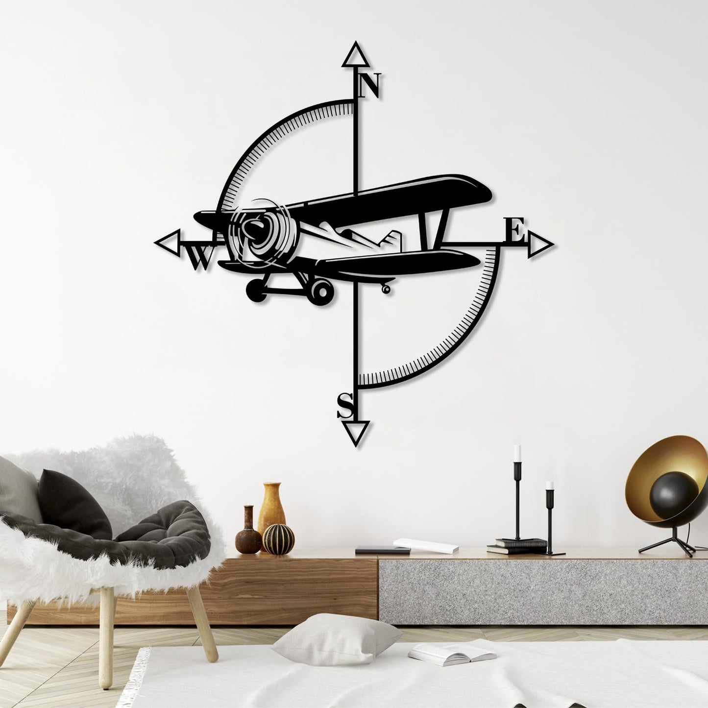 yumcake Metal Airplane Compass Wall Decor, Airplane Metal Wall Art, Aviation Themed Wall Decor for Living Room, Bedroom(Black,35" x 35" / 90 x 90 cm)