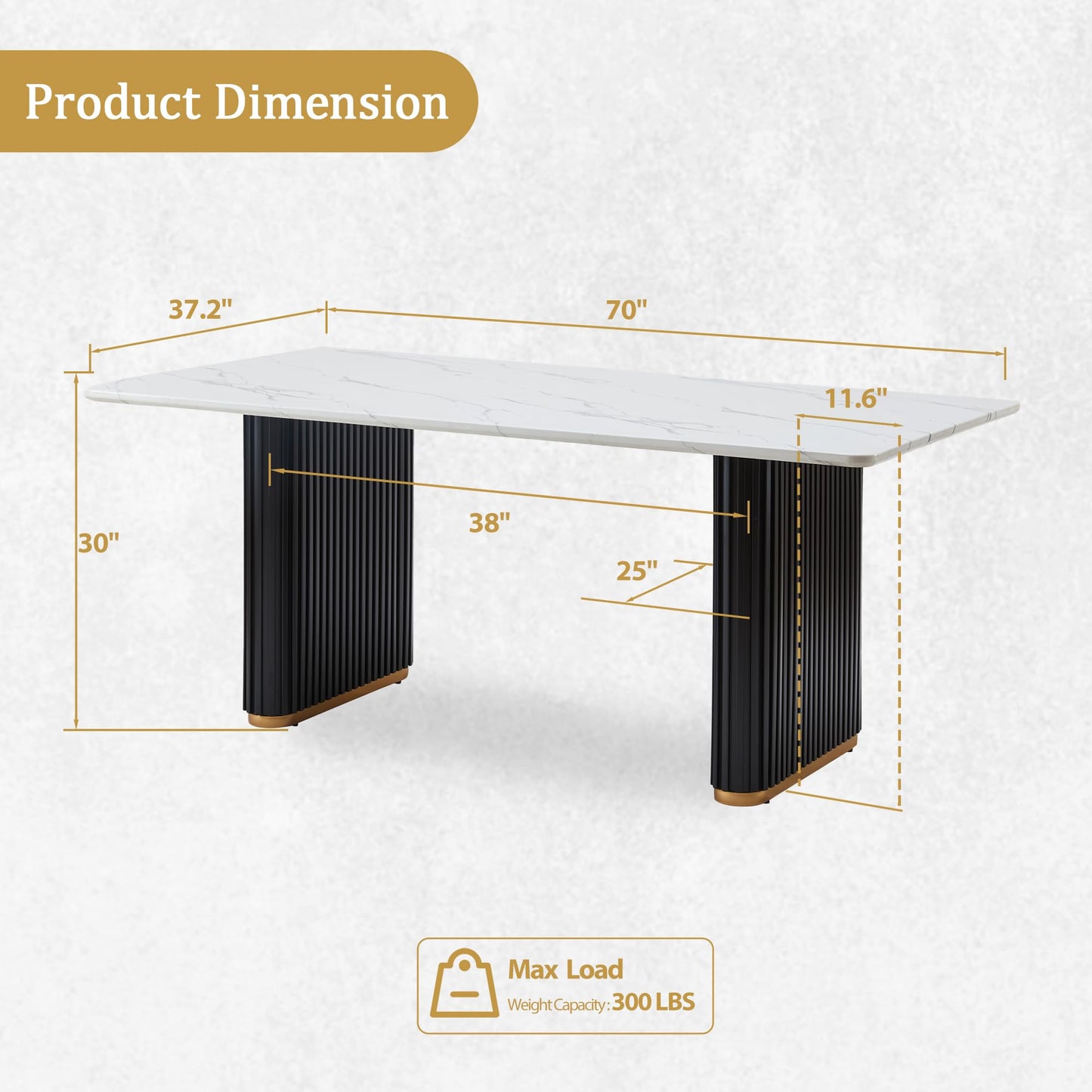 Morden Fort Marble Dining Table for 6, 70 Inch Modern Kitchen Table with Black Fluted Base and Gold Trim for Ktichen, Dining Room and Reception