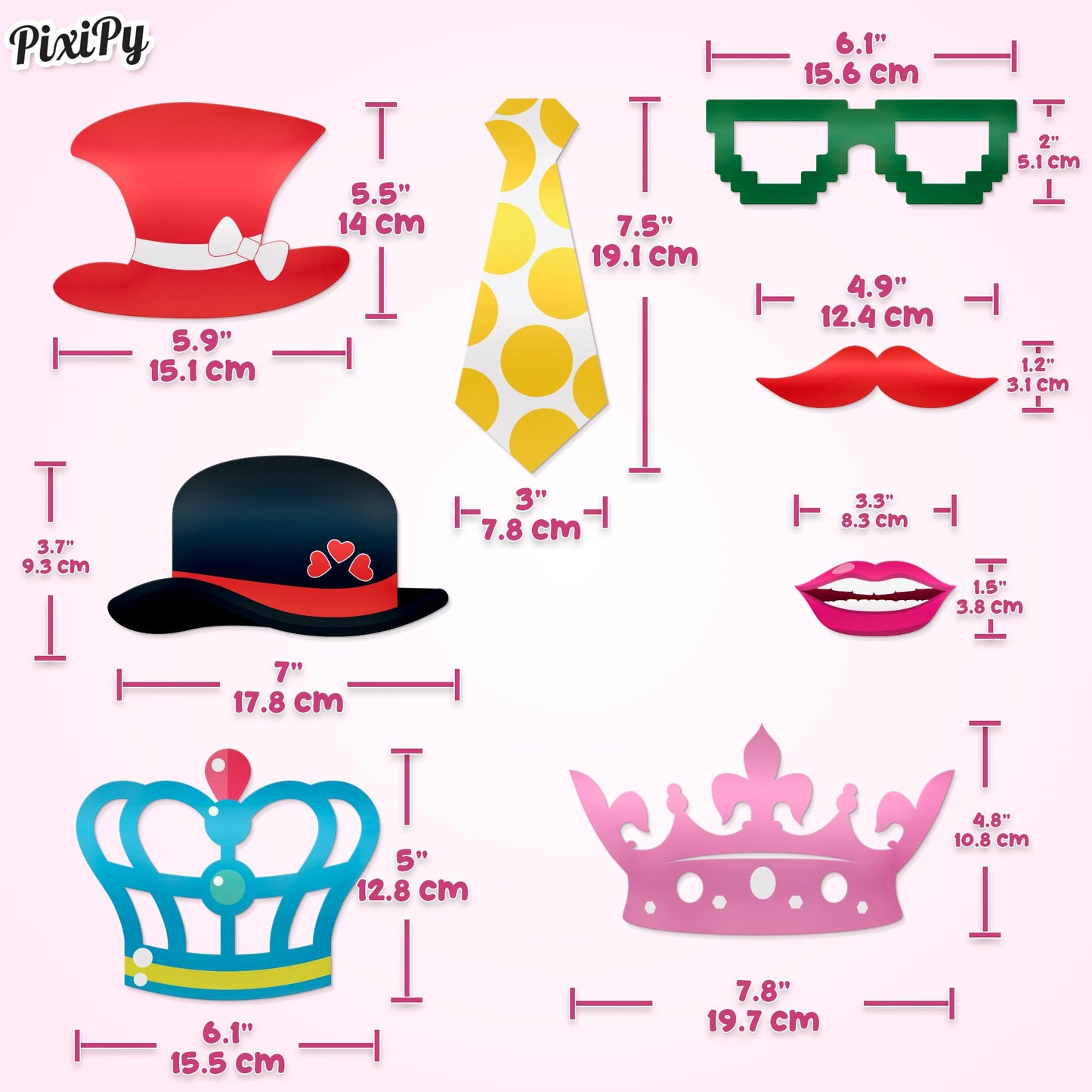 Photo Booth Props - 66 Piece Multicolor Kit - Fun Selfie Party Accessories - Mustaches, Hats, Lips & More - by PixiPy
