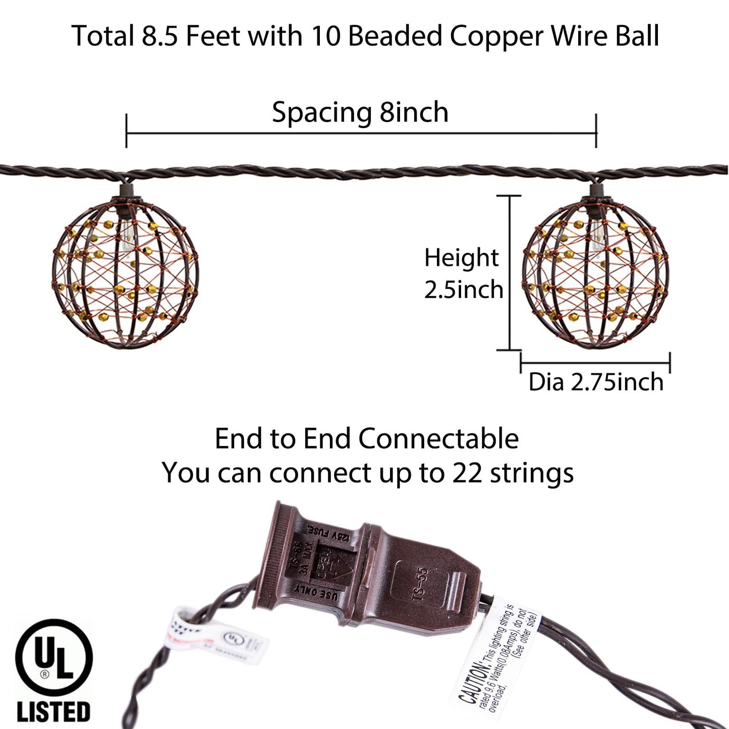 Outdoor Decorative Patio String Lights, Beaded Copper Wire Ball Style Lantern Lights, Connectable Weather-Resistant Indoor Outdoor Novelty Whimsical Light for Home Pergola Bedroom Porch Party Backyard