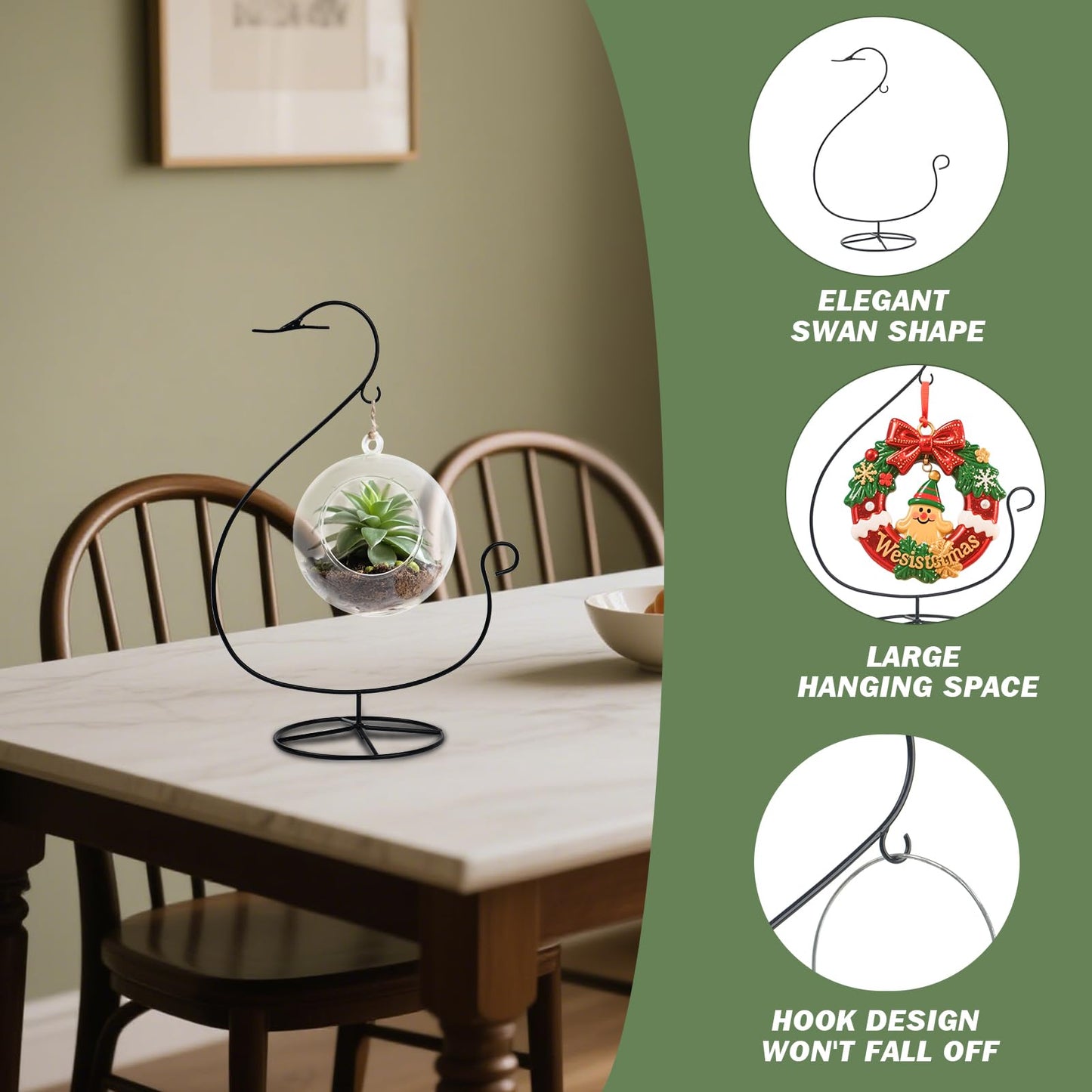 Handbanary 12 Inch Ornament Display Stand, Glass Ball & Air Plant Holder Terrariums Hanger, Black Iron Wire Hanging Hook for Christmas Halloween, Home and Office Decor (Swan Shape 1 Pcs)