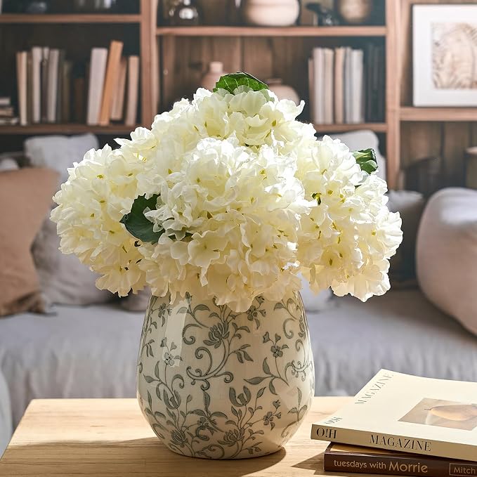 SIDUCAL Ceramic Vintage Pastoral Vase, 7.2 Inch Chinoiserie Floral Vase, Retro Ice Cracked Rustic Farmhouse Vases for Home Decor, Living Room, Bookshelf, Office, Tuscan Decor, Gray Floral