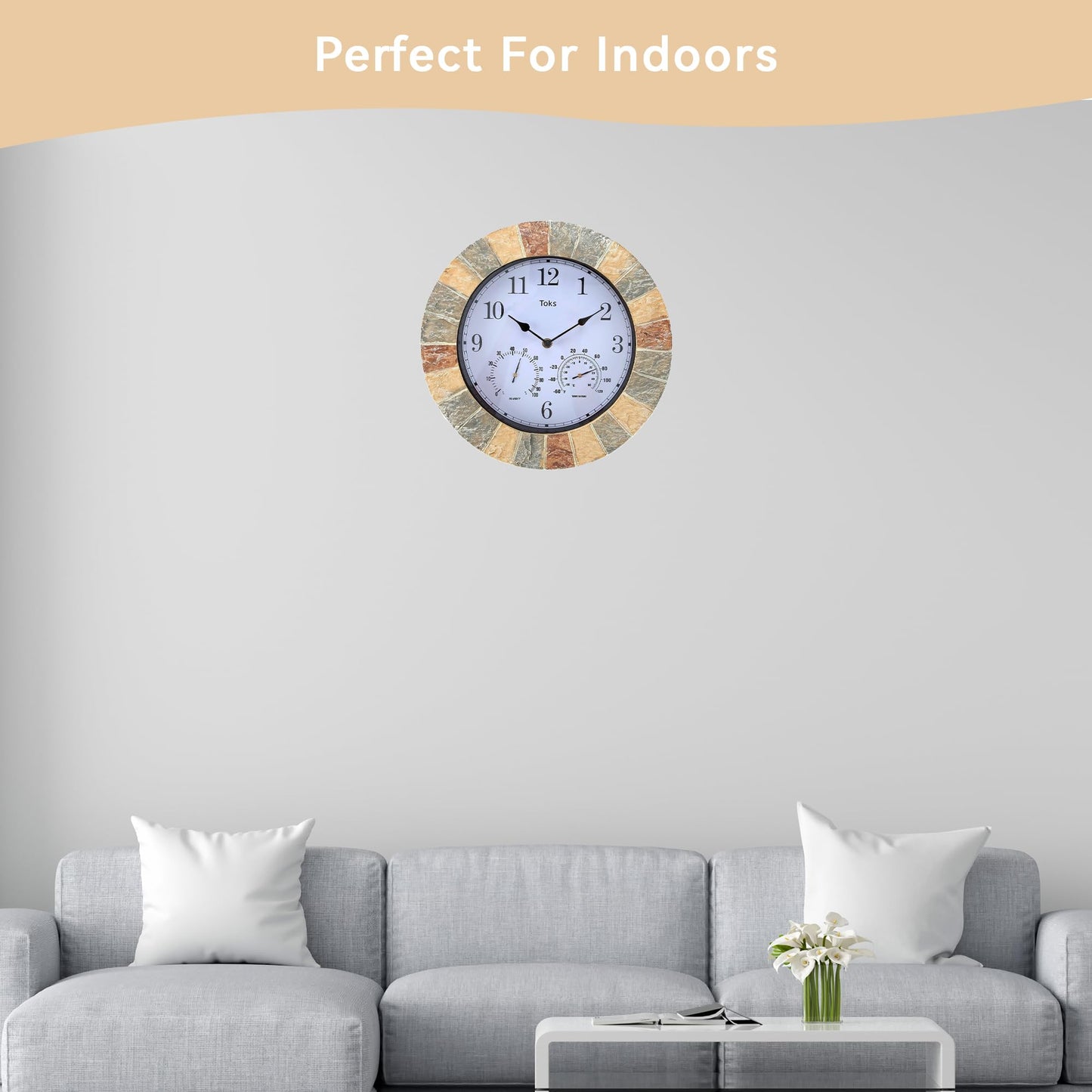 Lily's Home Hanging Wall Clock, Includes a Thermometer and Hygrometer and is Ideal for Indoor and Outdoor Use, Wonderful Housewarming Gift for Friends, Faux-Stone (13 Inches)