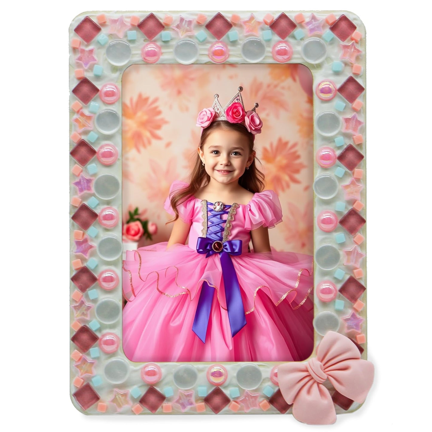 Fenzonmic DIY Photo Frame Craft Kit: Mosaic, Buttons, Stars & Bows, Customizable 4x6 Inch Wood Frame for Family Activity, Home Decor Gifts (Pink)