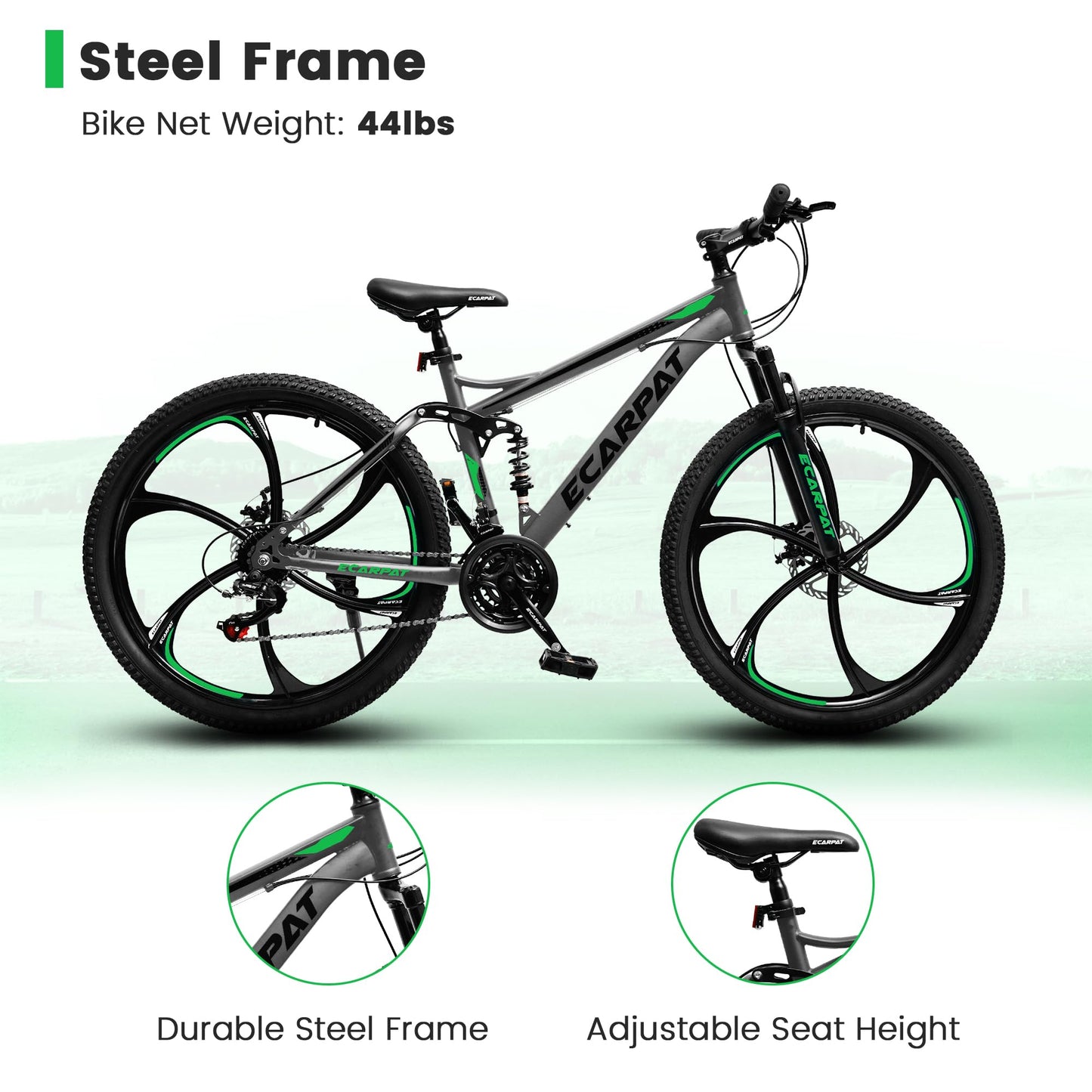 Ecarpat 26 Inch Full Suspension Mountain Bike, 21 Speeds Dual Disc Brake, Men Women Carbon Steel Mountain Bike, Adult Trail Beach Snow Commuter City Bikes