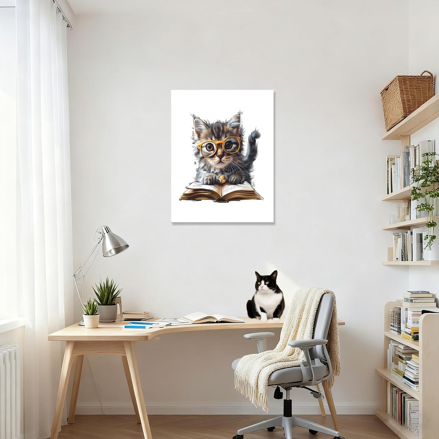 HVEST Cute Cat Wall Art Funny Cat Reading Book Modern Abstract Canvas Wall Art, Animal Wall Art for Living Room Bathroom Bedroom Office Decor, 16L x 12W Inches, Black